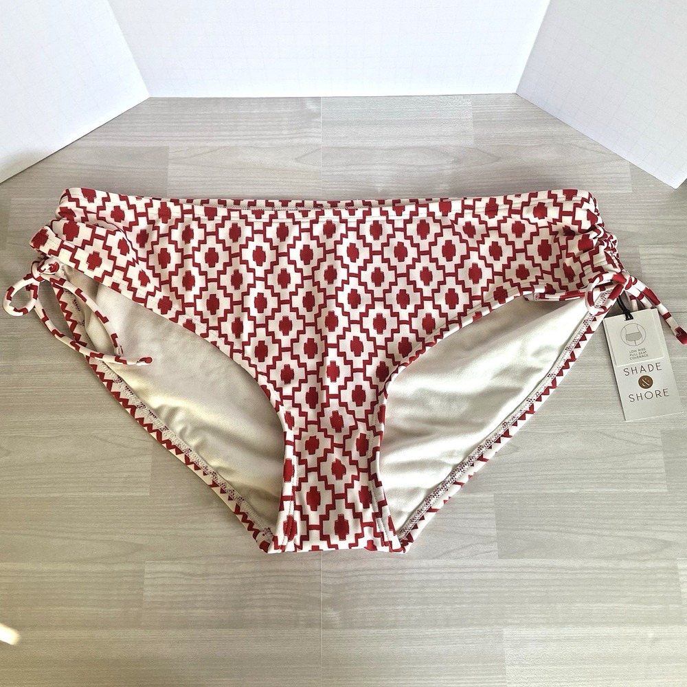 🏖️ NWT Shade & Shore Womens Large (12-14) Red Geo Print Low-Rise Bikini Bottom